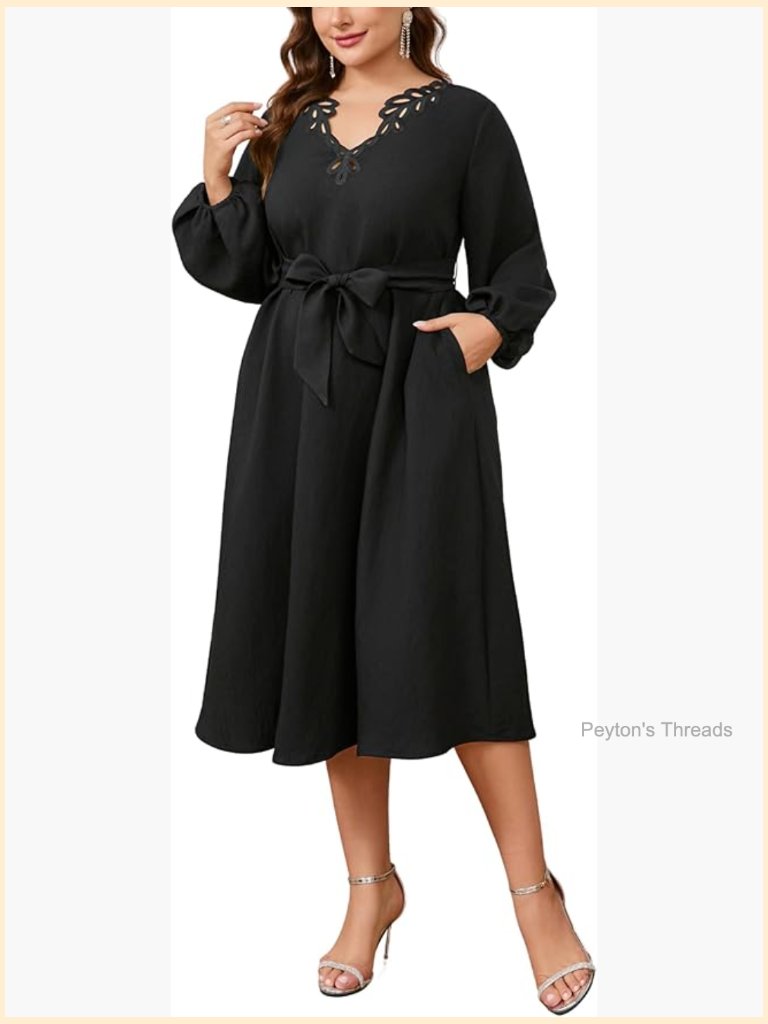 Plus Size Work Dress Long Sleeve V Neck Cutwork A Line Semi Formal Midi With
